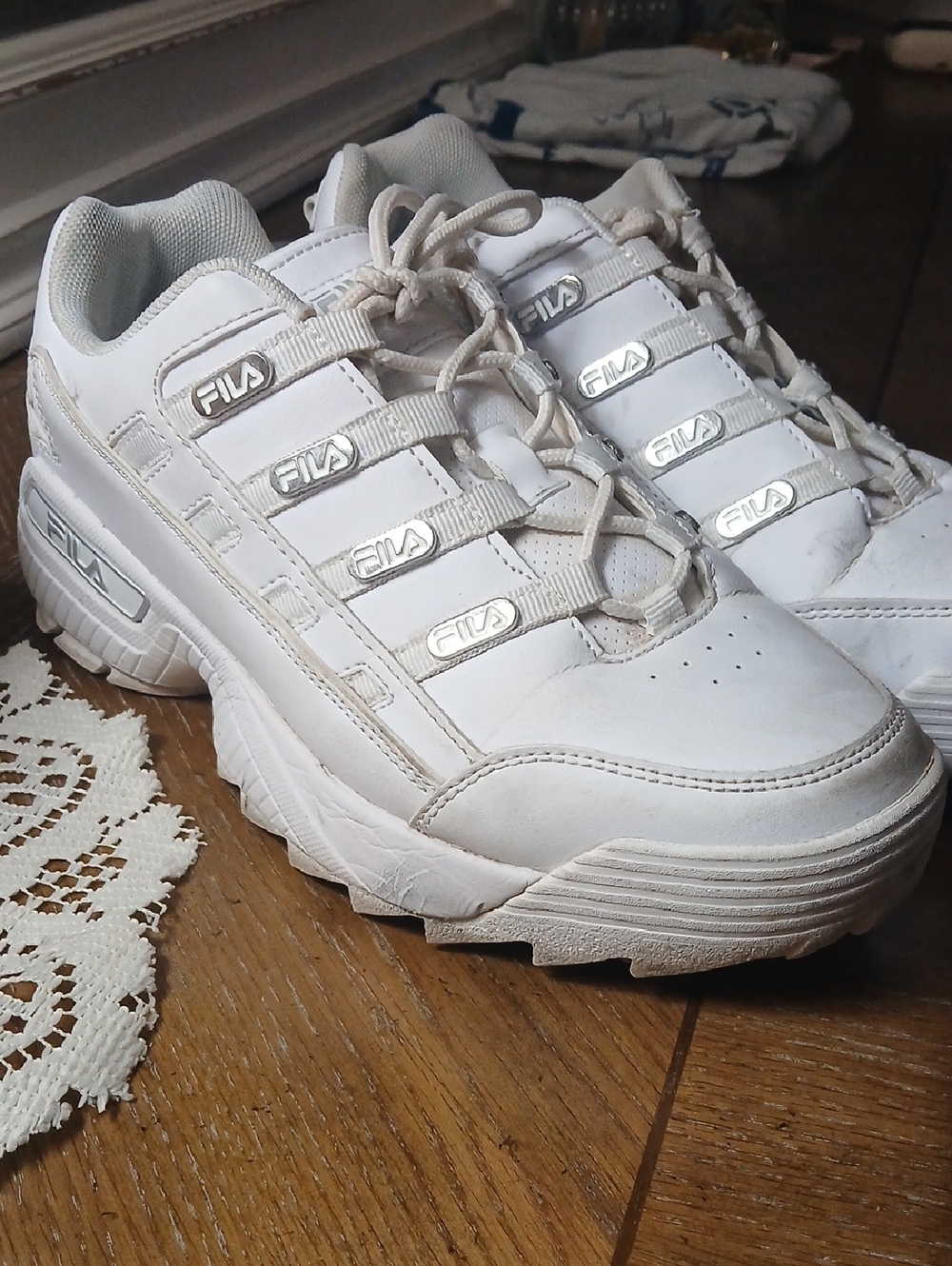 Fila White Leather Platform Athletic Sneakers